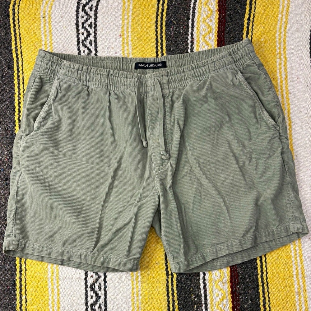 Mavi Men's Green Corduroy Shorts Cotton Elastic Waist Drawstring 6" Inseam